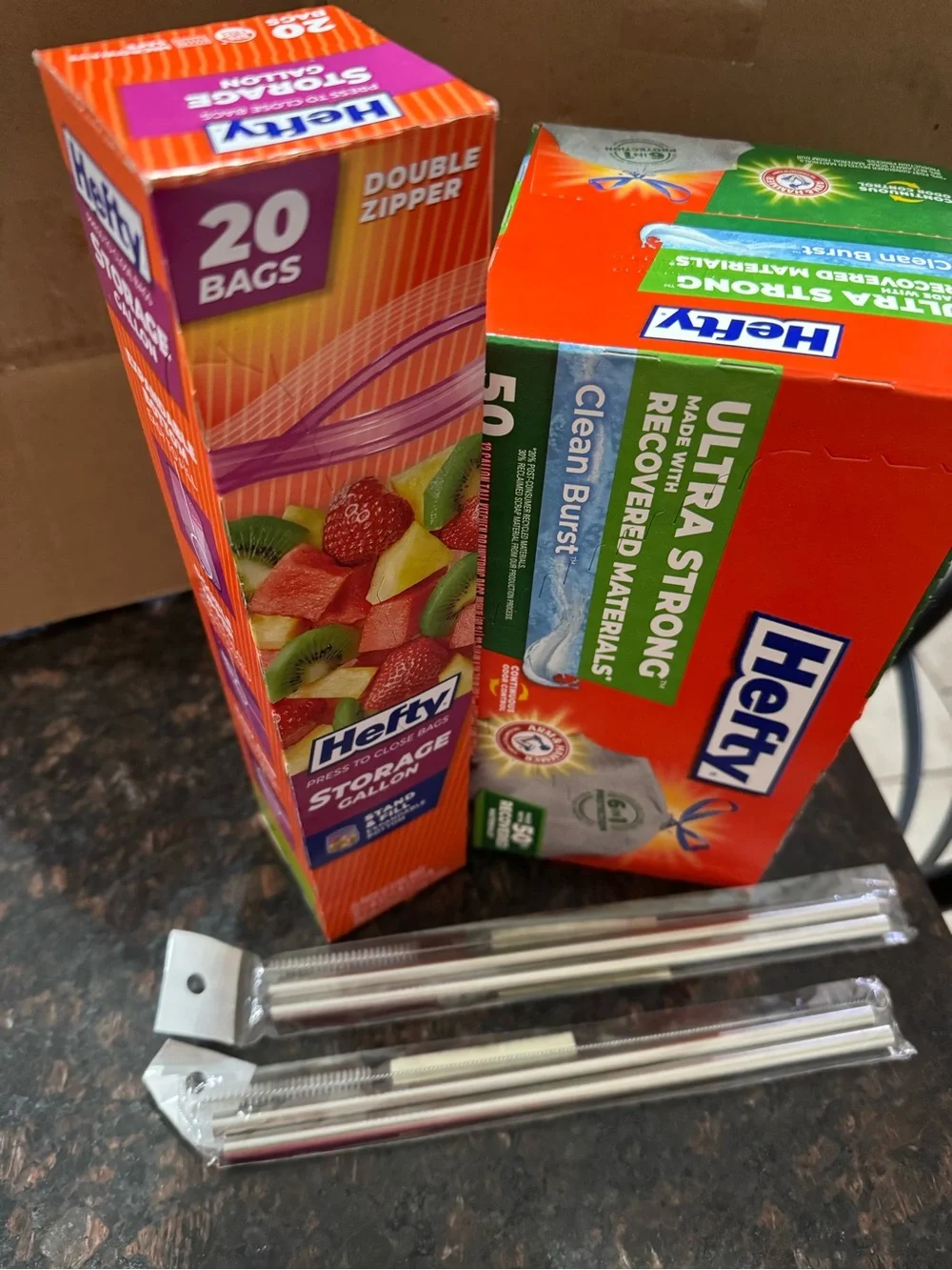Hefty Storage Gallon & Ultra Strong Trash Bags Bundle and reusable straws kit